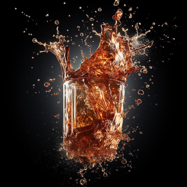 Photo cola splashed and sprayed out with a dynamic fluid containing ice cubes