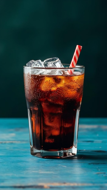 Cola with ice in a transparent glass isolated