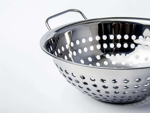 Photo colander metal or plastic colander side view focusing on its holes and structure essential for draining and rinsing isolated on white blackground