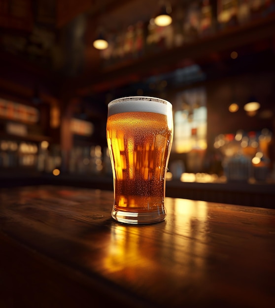 Cold beer in hefeweizens glass close up in a dark English pub with a sunset light on it