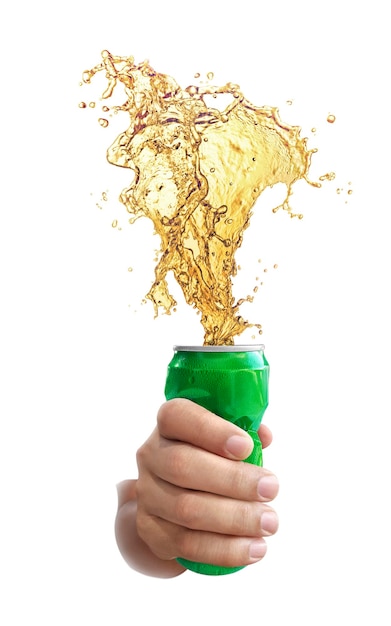 Cold beer splashing out of caned isolated on white background