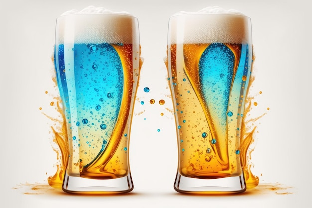 Cold beer spouts in toast against a white background