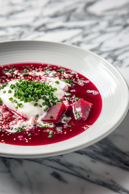 Photo cold beet soup borscht with a swirl of yogurt and a sprinkle of chopped chives presented in a modern white bowl on a marble countertop