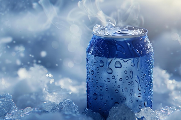 Photo cold blue soda can on ice