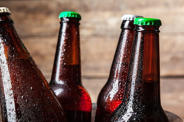 Cold bottles of beer in the bucket