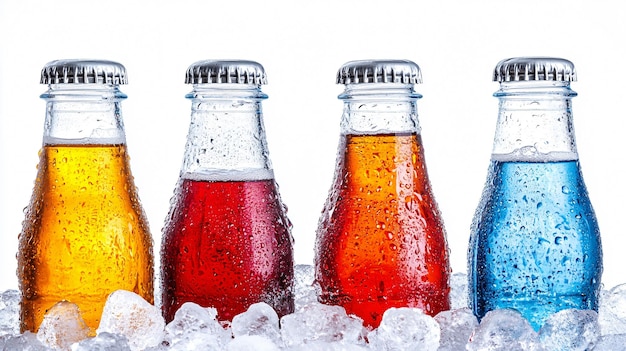 Photo cold bottles of soda in ice on white background