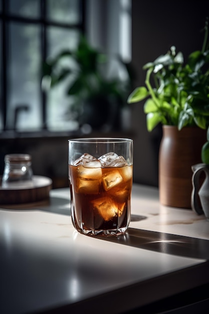 Cold brew with ice in a glass glass on the kitchen table Coffee drinks AI generating