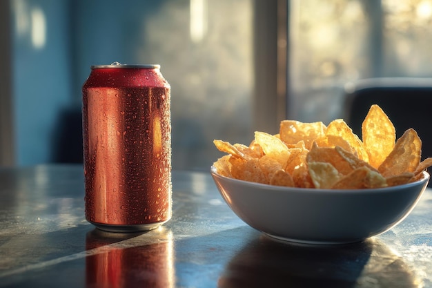 Photo a cold can of soda next to a bowl of crispy chips on a sunlit table in the afternoon