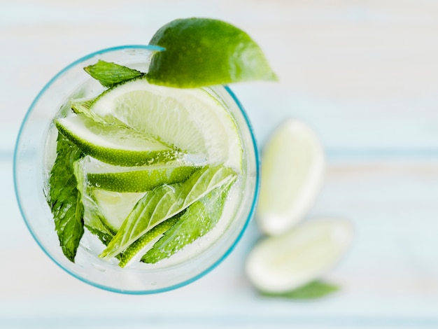 Cold cocktail with lime, mint and ice