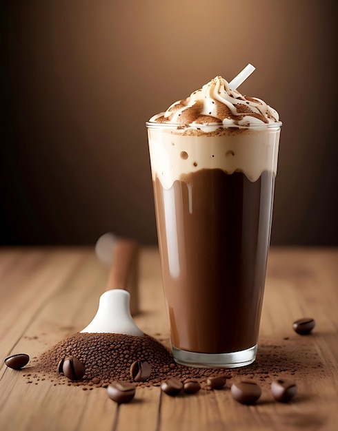 Cold coffee glassy cup on a table coffee beans are fallen randomly