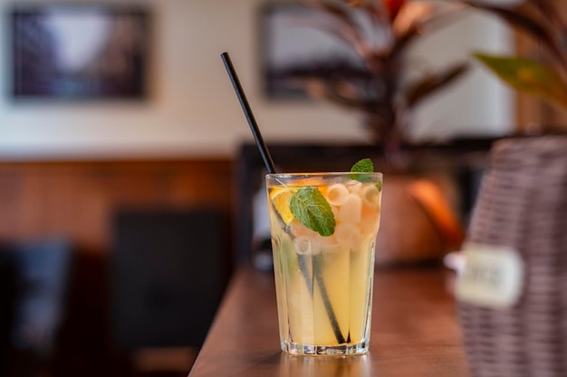 Cold drink from fresh fruits with ice in a coffee shop