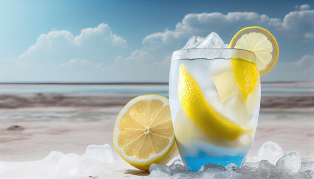 Cold drink with ice and a slice of lemon on the beach on a hot summer day copyspace