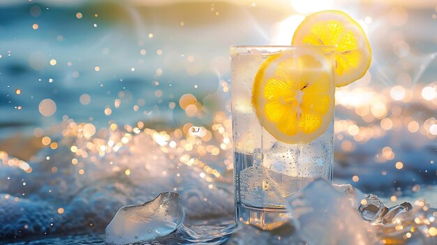 Cold drink with ice and a slice of lemon on the beach on a hot summer day Generative AI