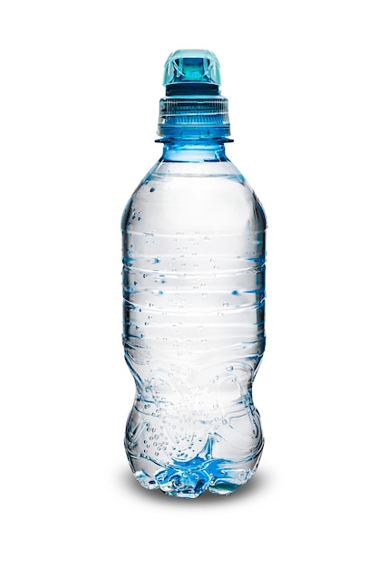 Cold drinking water in a plastic bottle with a dispenser on a white isolated background Fresh water in a misted bottle for sports and outdoor activities