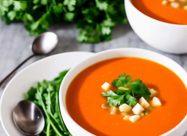 Cold gazpacho soup with tomato, bread, ham and vegetables