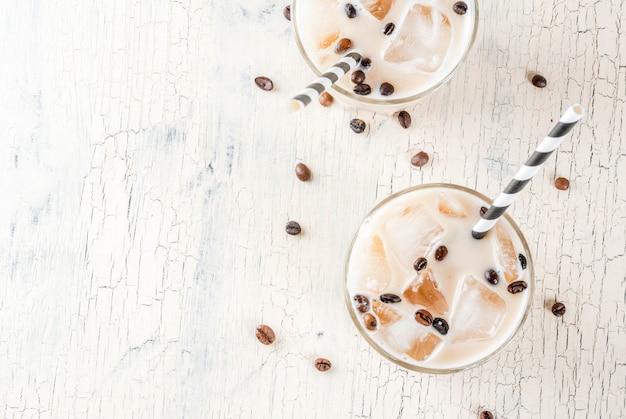  cold Iced coffee frappe with milk and ice cubes