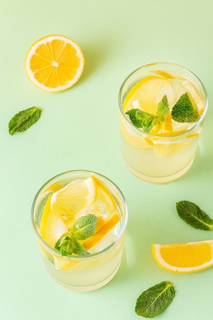 Cold lemon water with mint leaves and ice cubes on a green background. Bright refreshing drinks for summer heat.