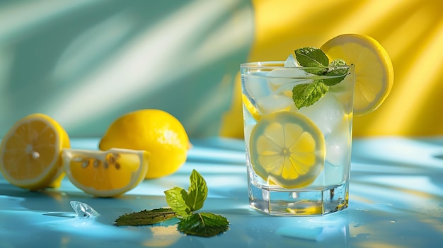 Photo a cold lemonade in a glass with lemon mint and ice on a yellow and blue background generative ai