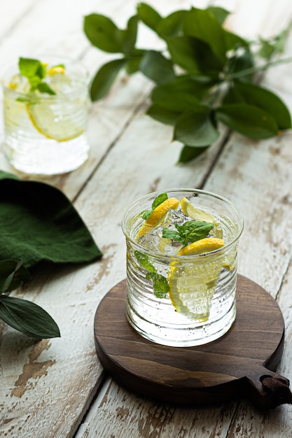 Cold lemonade with ice and mint