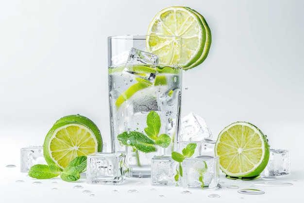 Cold Lemonade with Lime Slices Mint Leaves and Ice Cubes Isolated on White Background