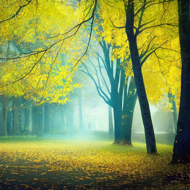 Cold misty morning in autumn park yellow trees falling leaves square format Digital illustration based on render by neural network