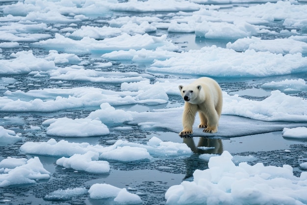 Photo a cold ocean filled with ice with small polar bear wildlife outdoors nature