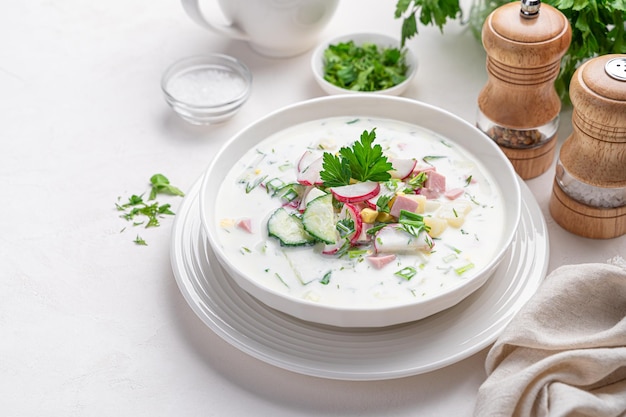 Cold okroshka soup with vegetables and kefir on a white background with fresh herbs Side view copy space