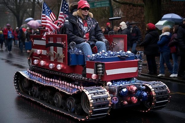 Cold planer adorned with flags for a parade or celebration