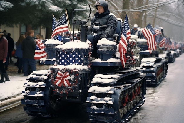 Cold planer adorned with flags for a parade or celebration