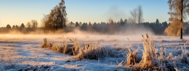 Cold season outdoors landscape frost trees in a forest clearing ground covered with ice and snow