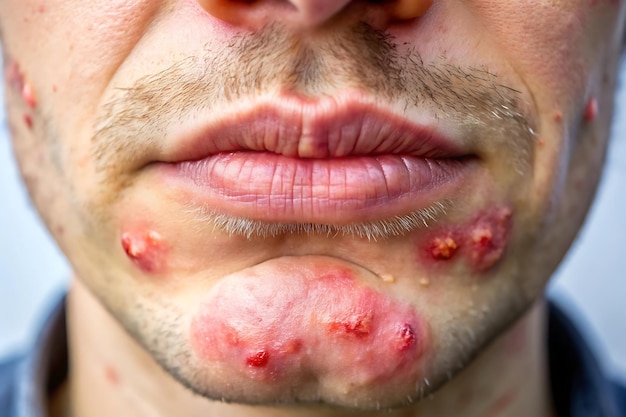 Photo cold sore outbreak on chin with painful clustered blisters