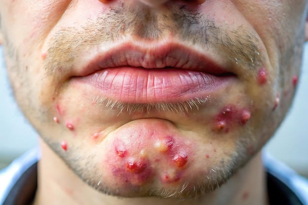 Photo cold sore outbreak on chin with painful clustered blisters