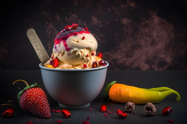 Cold and spicy ice cream with chilli and berries photography