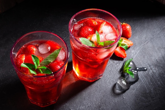 Cold summer strawberry cocktail mojito margarita daiquiri View from above