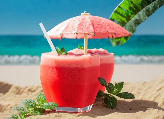 Cold watermelon smooth copy space an umbrella on sand table in beach background