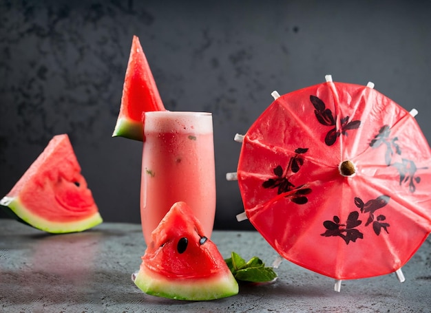 Cold watermelon smooth copy space an umbrella on sand table in beach background