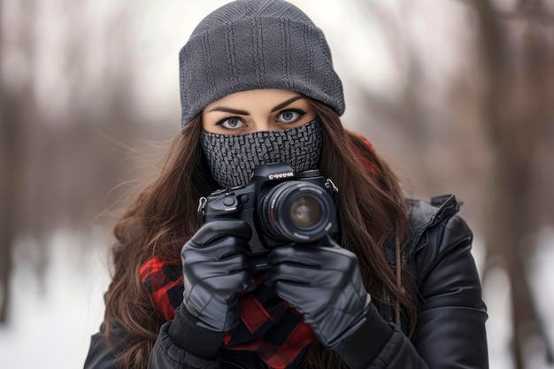 Photo cold weather photographer dslr in hand wrapped in scarf