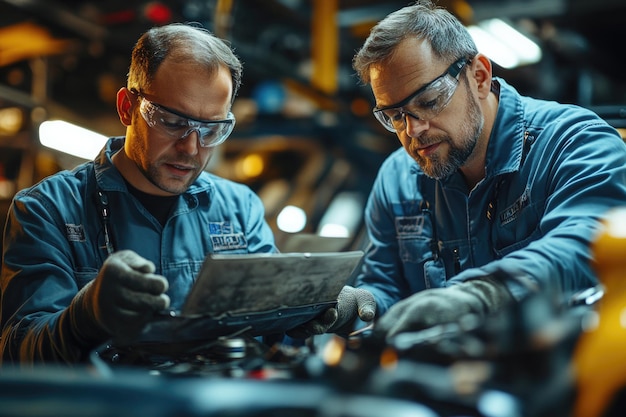 Photo collaboration of certified engineers in auto repair shop to fix and service a broken vehicle