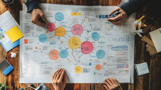 Photo collaboration on a handdrawn business diagram with colored circles