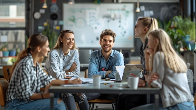 Photo collaborative colleagues engaged in friendly office discussion