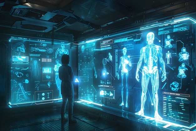 Collaborative Cyborg Development in a Futuristic Medical Lab with Advanced Holographic Displays