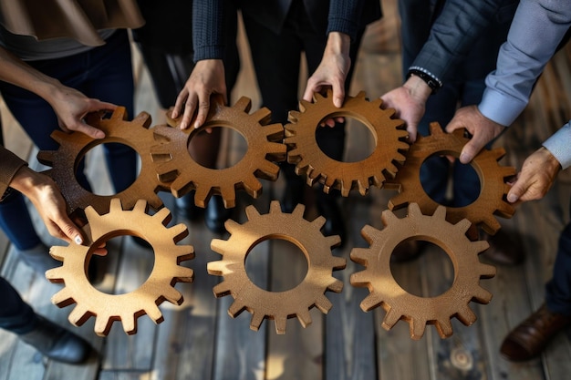 Photo collaborative group of business professionals assembling gears on wooden floor in teamwork concept for innovation and progress