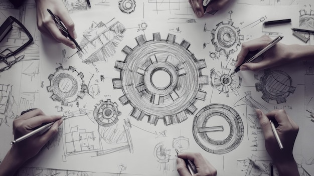 Photo collaborative mechanical design session with sketches and gears