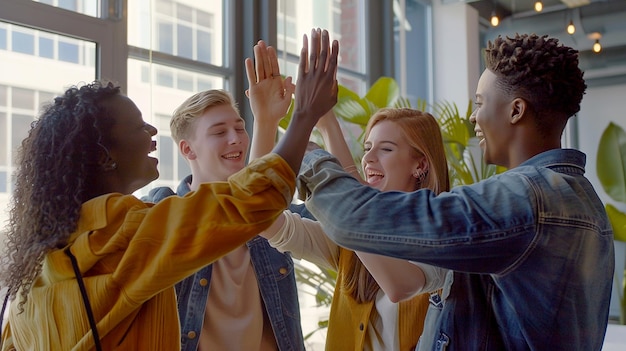 Photo collaborative team celebrating success with high fives in a modern office setting