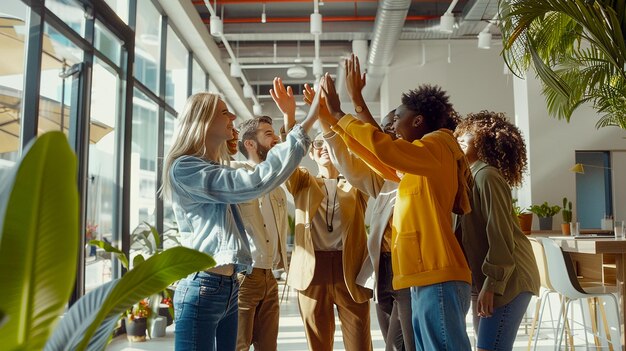 Photo collaborative team celebrating success with high fives in a modern office setting