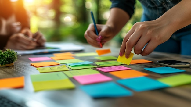 collaborative team working together around a table hands visible using sticky notes to brainstorm