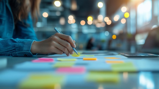 Photo collaborative team working together around a table hands visible using sticky notes to brainstorm