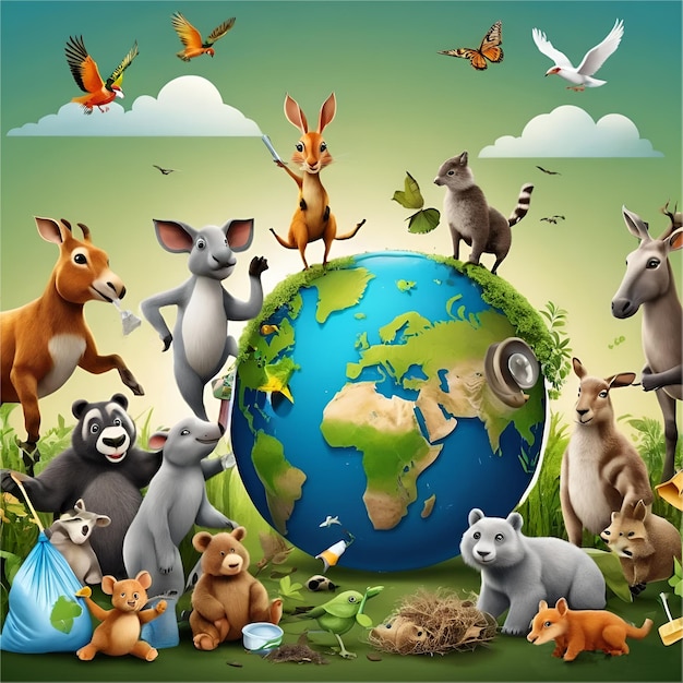 Photo a collage of animals and birds around a globe