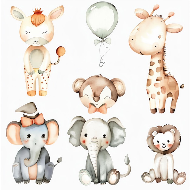 Photo a collage of animals including a giraffe elephant and a balloon