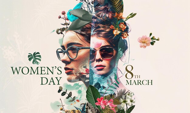 Photo collage art of woman flower plant leaves and brush paint concept art for womens day international womens day illustration